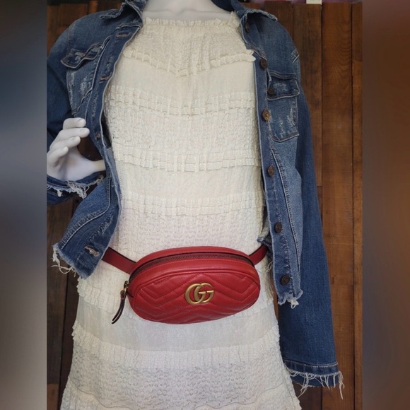 Gucci Red Leather Belt Bag Gucci Marmont GG Red Fanny pack Gucci Waist Bag - Picture 2 of 14